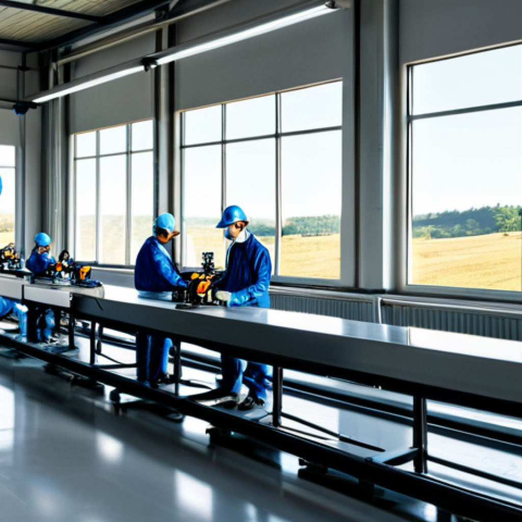 **
"A modern, bright factory floor in Portugal. Robots and skilled workers, fully clothed in appropriate work attire, are collaboratively assembling a product. Large windows show a sunny, rolling landscape outside. Focus on innovation and technology. Safe for work. Perfect anatomy, correct proportions. Professional, family-friendly, appropriate content. High quality."
**