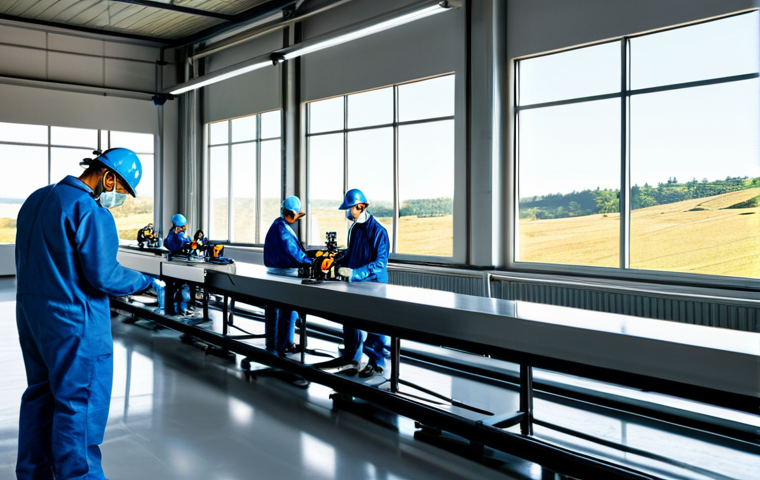 **
"A modern, bright factory floor in Portugal. Robots and skilled workers, fully clothed in appropriate work attire, are collaboratively assembling a product. Large windows show a sunny, rolling landscape outside. Focus on innovation and technology. Safe for work. Perfect anatomy, correct proportions. Professional, family-friendly, appropriate content. High quality."
**