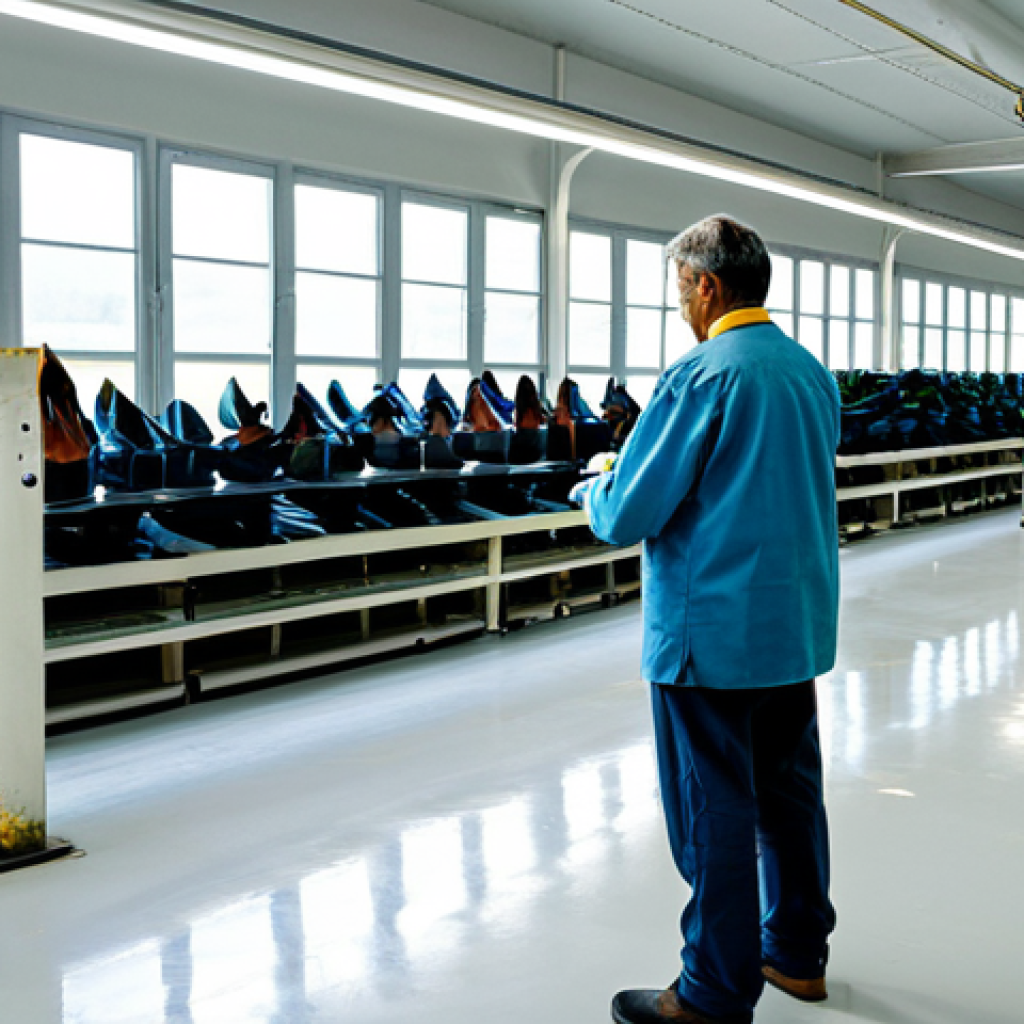Modern Shoe Factory in Northern Portugal**

"Interior of a bright, modern shoe factory in Northern Portugal. Skilled workers are carefully crafting leather shoes. Natural light streams through large windows. Machinery is clean and state-of-the-art. Focus on the craftsmanship and the quality of the materials. Fully clothed workers, appropriate attire, safe for work, perfect anatomy, natural proportions, professional setting, modest, high quality."

**