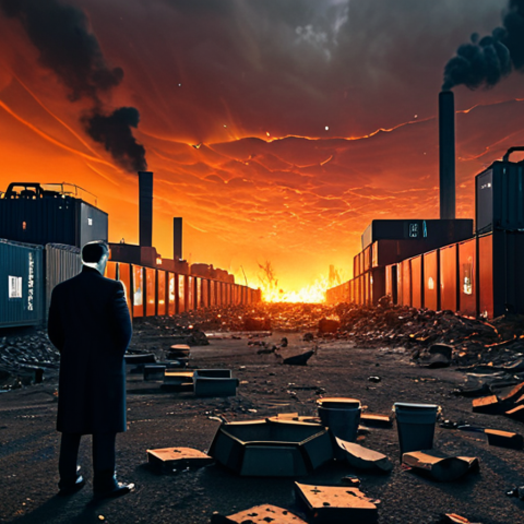 리쇼어링과 산업 통계 분석 - **Geopolitical Instability:**
Prompt: "A dystopian industrial landscape under a stormy, fiery re...