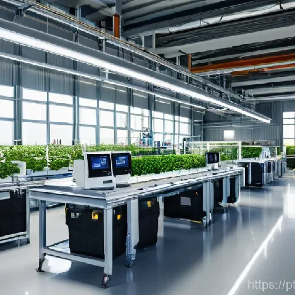 리쇼어링과 글로벌 가치 사슬 - **Prompt:** A visually striking, ultra-modern "smart factory" interior in Portugal, bathed in natura...